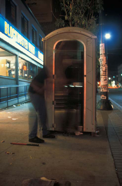 Public Water Closet, modified portable toilet, 2-way mirror glass (Ottawa and Toronto) 1998, photos: Adrian Blackwell.