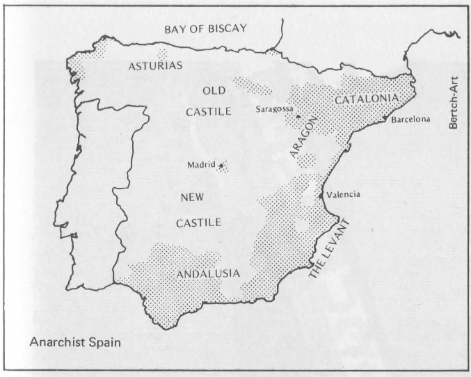“The following map is intended to give a general picture of the areas of anarchist influence in Spain. Strongholds were in areas of Andalusia (which was early in the war conquered by the fascists), Aragon, Catalonia, and sections of the Levant. There were isolated pockets elsewhere; particularly in Castile and Asturias.”