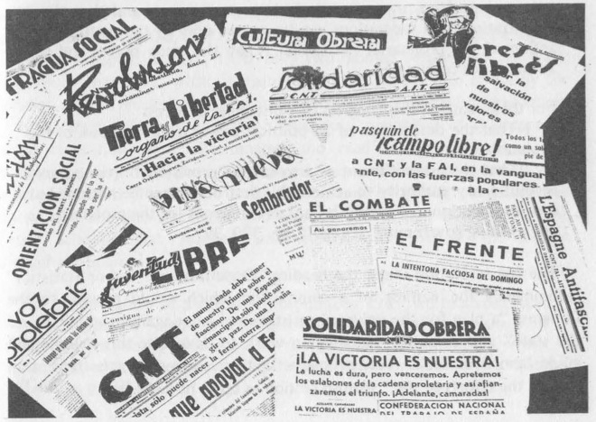 “Newspapers and magazines had long been important in the work of communicating libertarian ideas in Spain. This is a sample of publications associated with the CNT and FAI from many cities and towns in Spain.”
