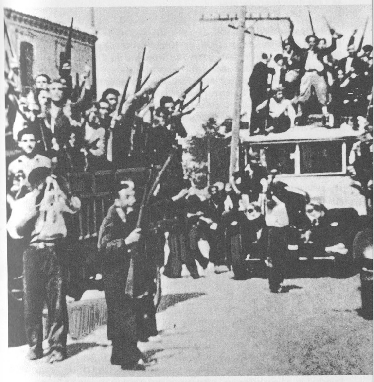 “July of 1936. The people of Barcelona take up arms against the fascist uprising.”