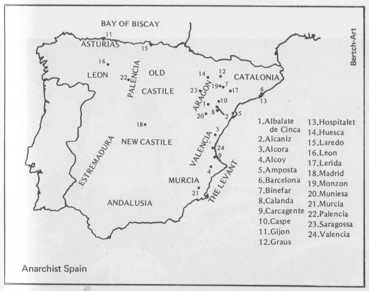 “The following map locates a number of areas, cities, and villages mentioned in this book. A complete listing is not intended. ‘The Levant’ refers to the eastern coast of Spain from Murcia to Valencia.”